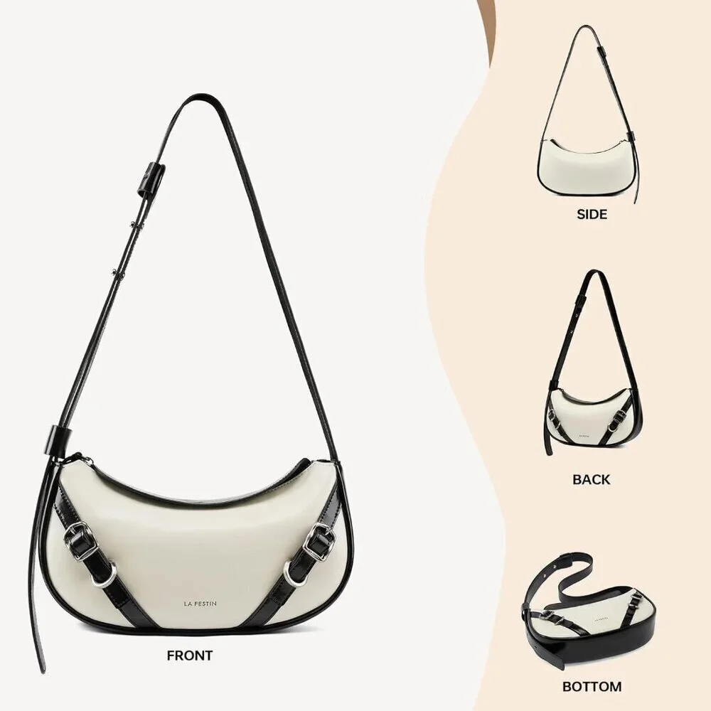 Women Cream White Soft Leather and polyester  Hobo Bag with Adjustable Strap